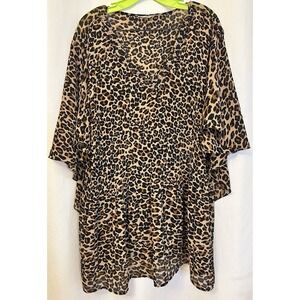 Catherines Leopard Print Pleated Chiffon Tunic 3X Flutter Sleeve Boho Hippie